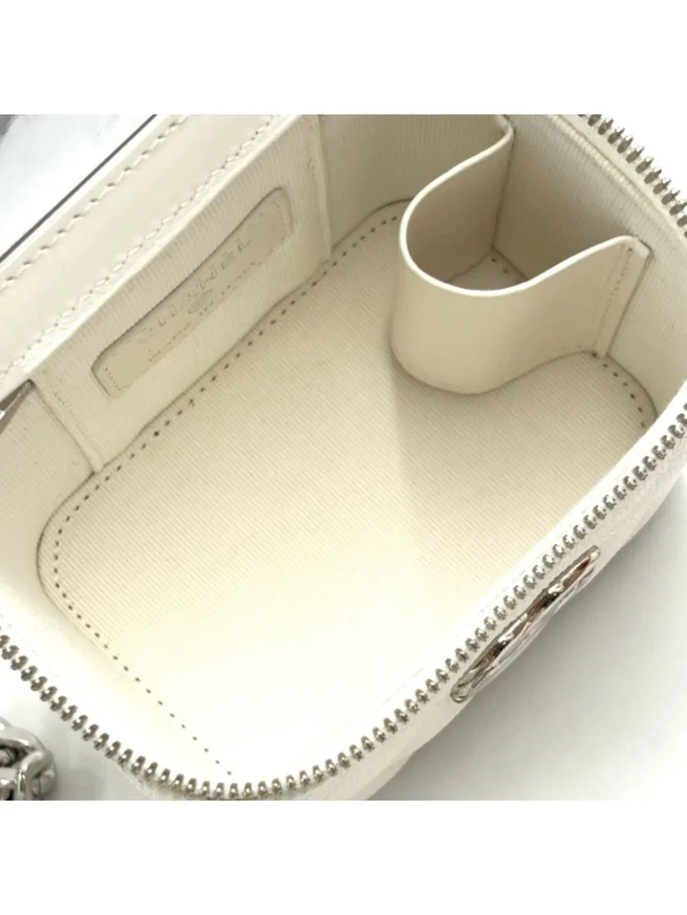 Chanel Classic Small Vanity Caviar Leather White Chain Shoulder Bag Silver